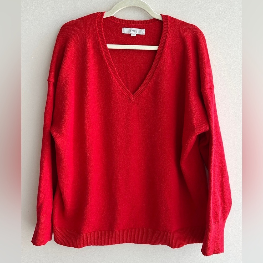 LOFT Women’s Classic V-Neck Cotton Stretch Sweater, Bright Red, Size XL